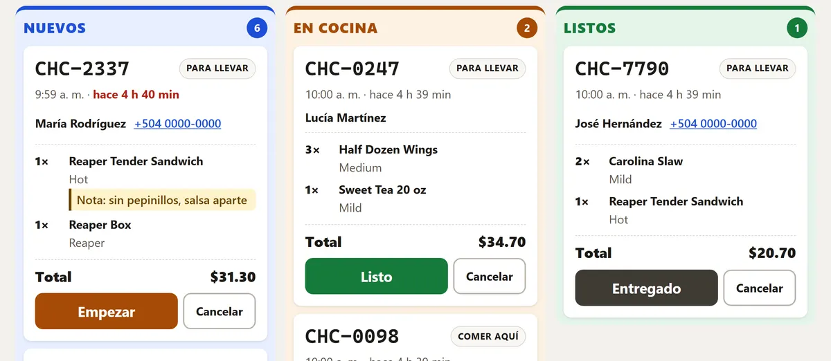 Panel de cocina de Ventea con pedidos en las columnas Nuevos, En cocina y Listos, cada uno con sus productos, notas y total.
