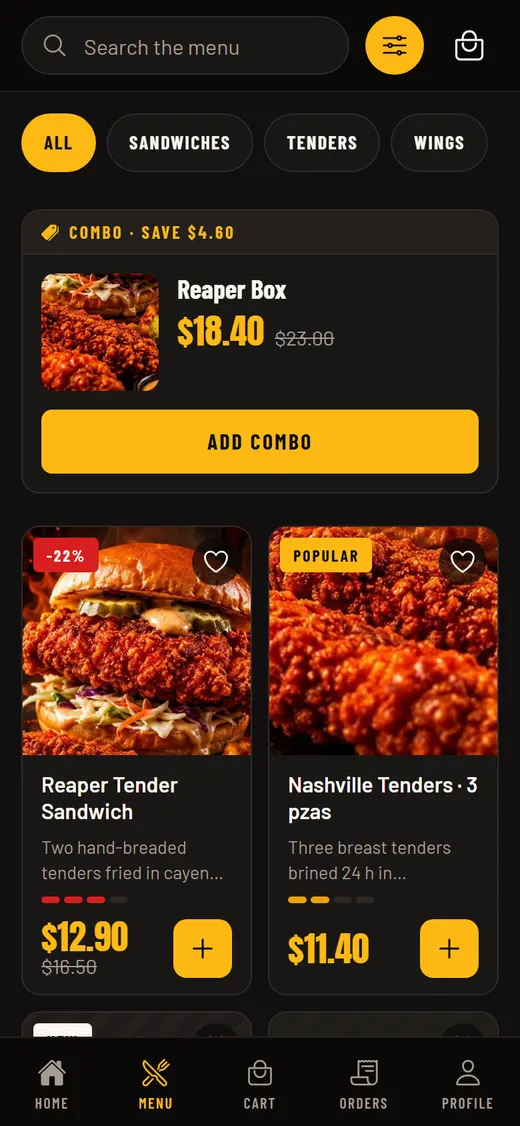 Menú en la app de un restaurante: categorías, un combo con descuento y productos con foto y precio.