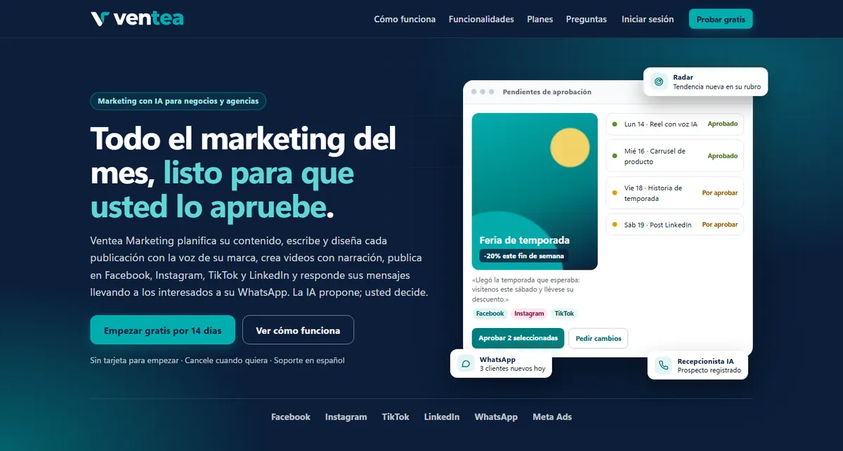 Portada de Ventea Marketing: «Todo el marketing del mes, listo para que usted lo apruebe», con un panel de publicaciones pendientes de aprobación.